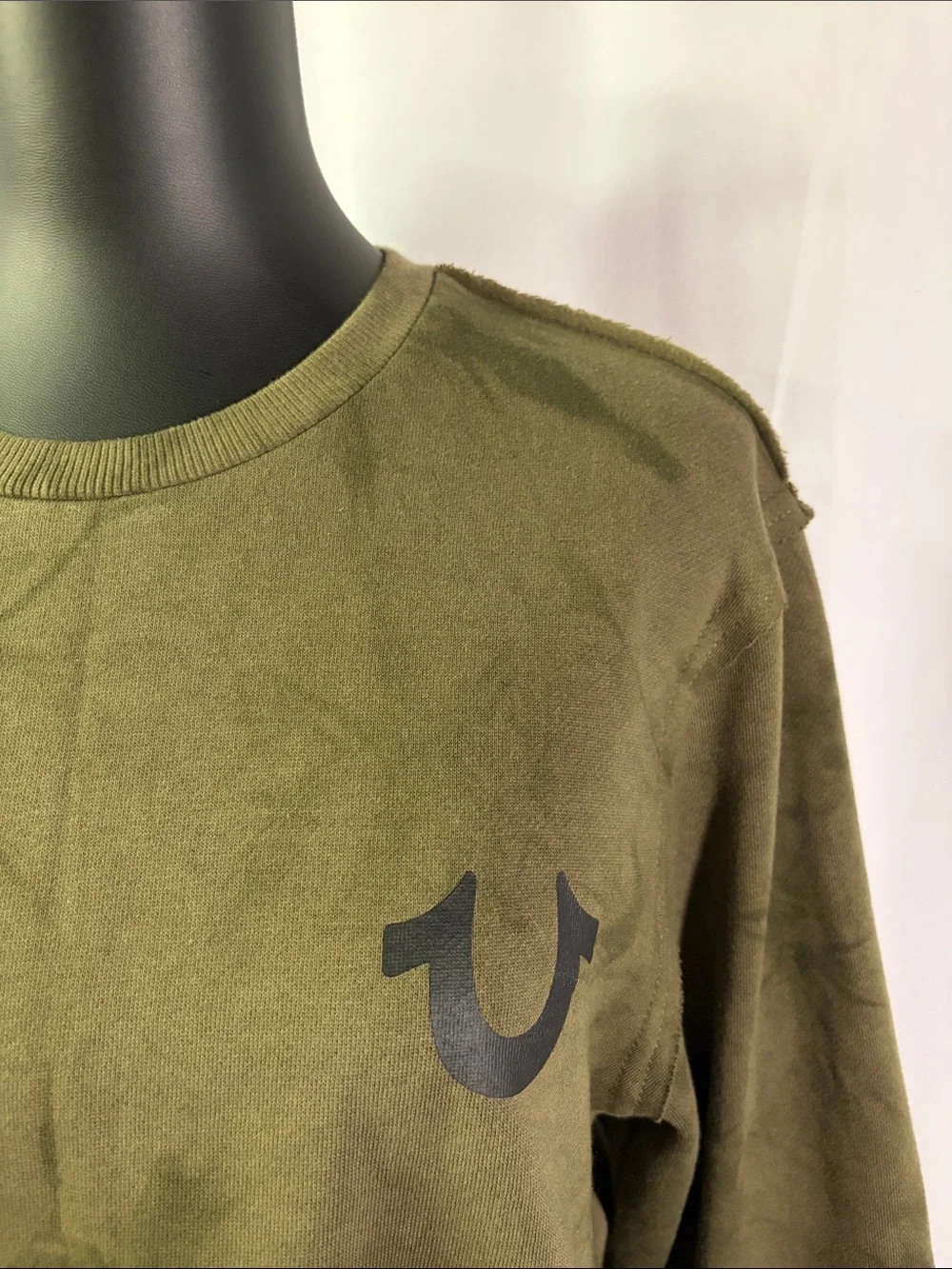 True Religion Camo Green Tie Die Debossed Rib Pullover Crewneck Sweatshirt